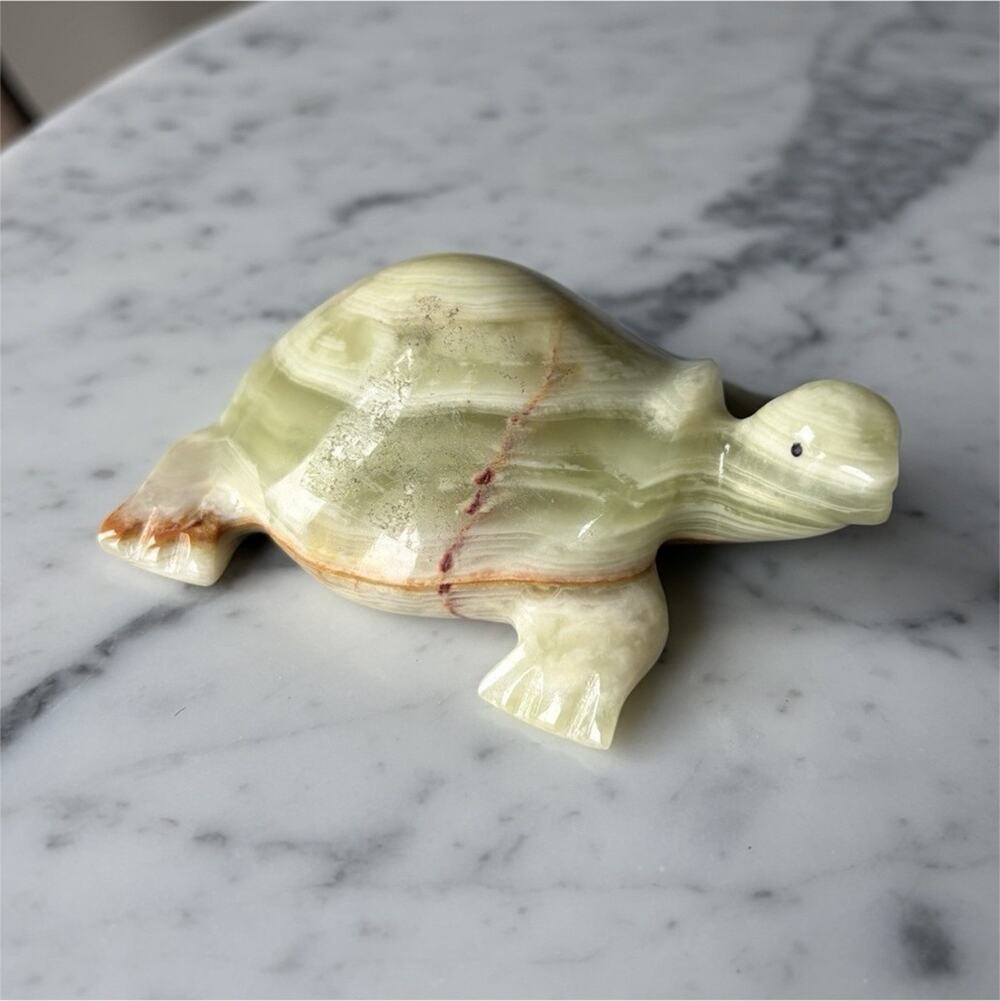 Stone Turtle Figurine Green Brown Decorative Carving Onxy